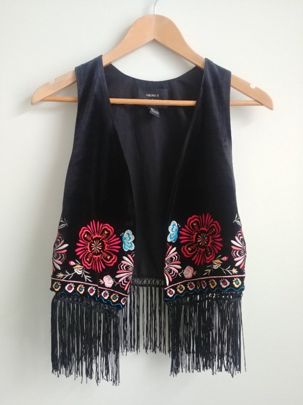 Forever 21 Small black velvet embroidered vest with long tassel fringe